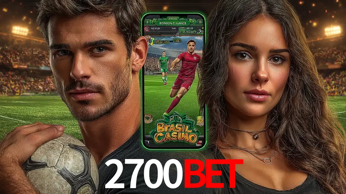 Homem segurando uma bola de futebol e uma mulher ao lado de um smartphone exibindo o jogo de apostas esportivas da 2700BET. Faça seu palpite no cassino online.
